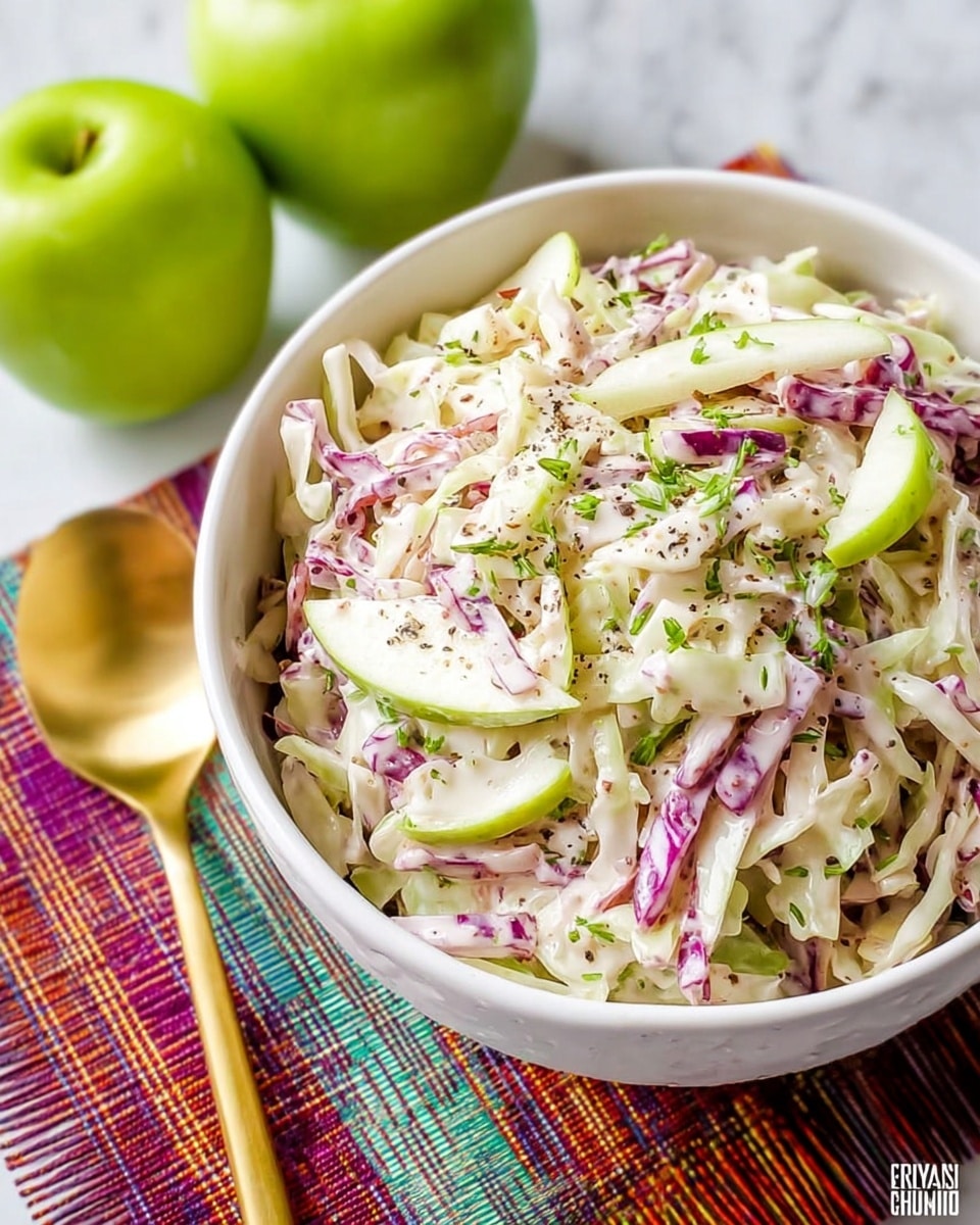 A close-up image shows a white bowl filled with coleslaw that has thinly sliced layers of white cabbage, light green celery, small pieces of purple cabbage, green onions, and grated carrot, all mixed with a creamy dressing and scattered black pepper on top. The bowl sits on a white marbled textured surface with two bright green apples on the left side and a blurred gold spoon is partially visible at the bottom. The coleslaw has a mix of creamy, crunchy, and fresh textures with light, pastel colors highlighted by small green onion bits. photo taken with an iphone --ar 4:5 --v 7