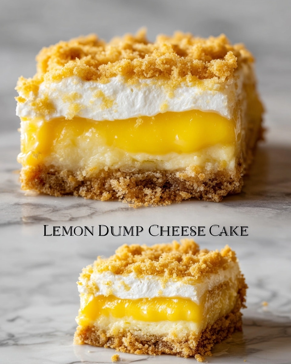 The dish is a lemon dump cake with cream cheese, shown in a close-up of one square piece taken from the baking tray. It has three main layers: at the bottom, a crumbly golden-brown crust with a slightly rough texture; in the middle, a thick, smooth and glossy lemon filling in bright yellow; on top of the lemon layer, there is a creamy, soft white cream cheese layer that looks fluffy and rich. The topmost part is sprinkled with a light golden crumb topping that looks crunchy and uneven. The cake piece is placed on a white marbled surface. Photo taken with an iphone --ar 4:5 --v 7