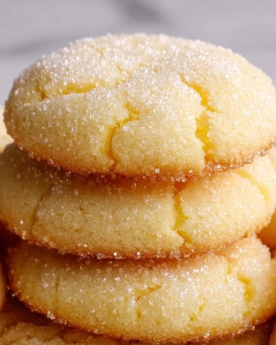 The image shows a close-up of a stack of soft, round cookies with a light golden color and a slightly cracked surface. Each cookie is coated with fine white sugar crystals, giving them a sparkling effect. The edges are a bit darker golden brown, showing a gentle bake. The cookies are placed closely together, highlighting their fluffy texture and sugar coating. The background is a white marbled texture. photo taken with an iphone --ar 4:5 --v 7