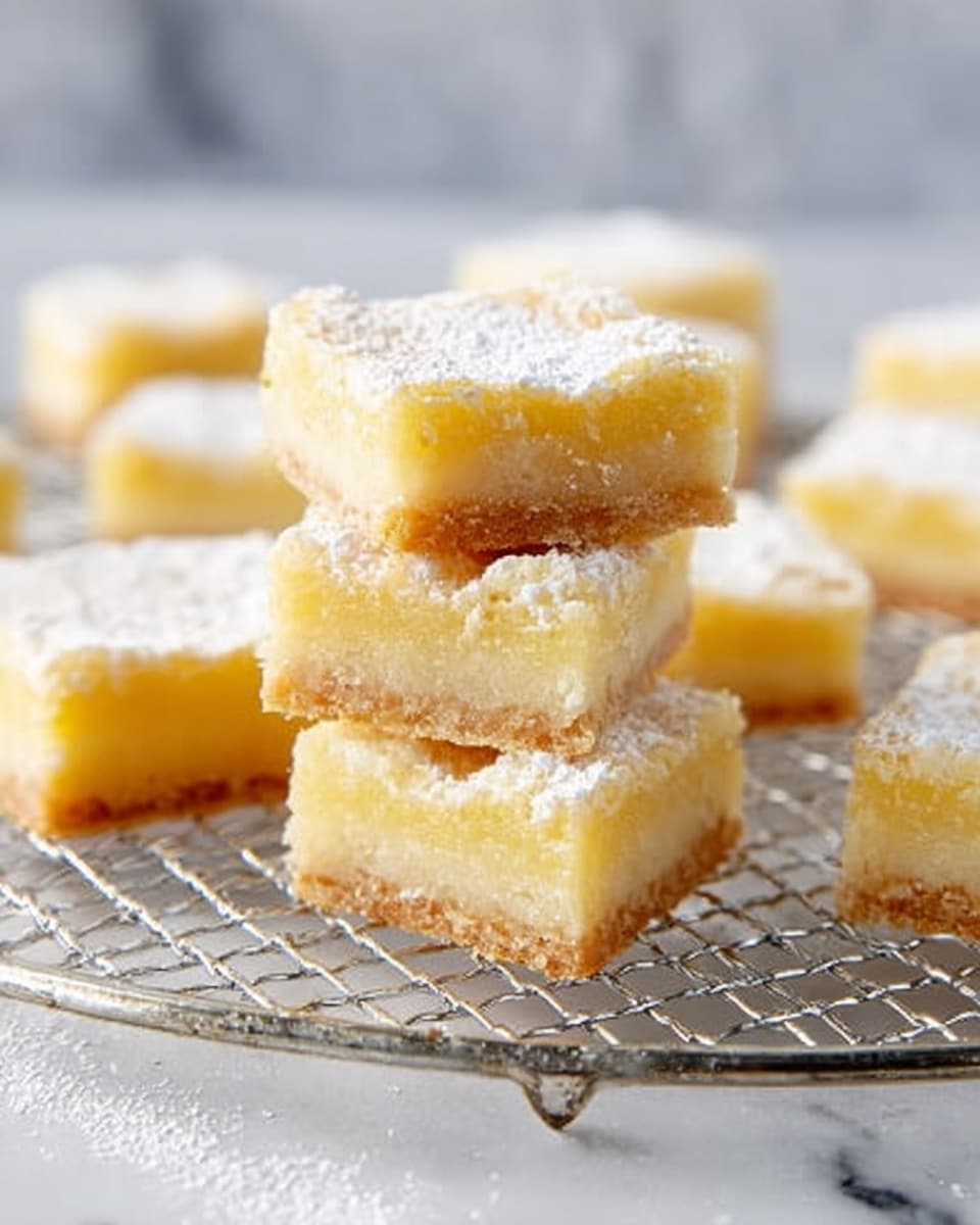 The image shows several lemon bars placed on a round metal wire cooling rack on a white marbled surface. The bars have two visible layers: a bottom layer that is dense and light golden brown, and a top layer that is pale yellow with a slightly glossy, soft texture, dusted with fine white powdered sugar. Three bars are stacked in the center, clearly showing the contrast between the two layers, while the remaining bars are arranged around the stack in a scattered manner. photo taken with an iphone --ar 4:5 --v 7