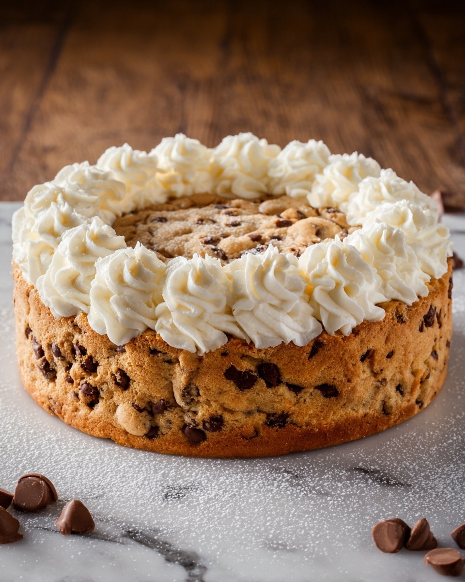 A round cookie cake with a thick outer layer made of golden-brown chocolate chip cookie dough, showing chunks and chocolate chips all over the sides; the top is decorated with a neat ring of white cream swirls, each swirl thick and fluffy, covering the entire surface; the cake sits on a white marbled surface with light dusting of powdered sugar around it. photo taken with an iphone --ar 4:5 --v 7