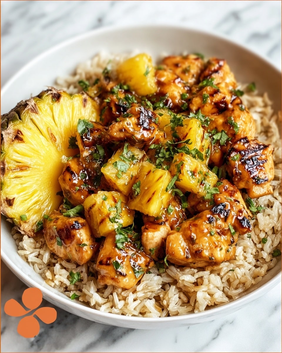 A white bowl filled with light brown cooked rice as the base layer, topped with grilled chicken pieces that are golden brown with slight char marks and coated in a shiny glaze. Mixed in with the chicken are bright yellow grilled pineapple chunks that have a caramelized texture. The dish is finished with a sprinkle of fresh green chopped herbs, and a slice of fresh pineapple is placed on the side as garnish. The bowl sits on a white marbled surface. photo taken with an iphone --ar 4:5 --v 7