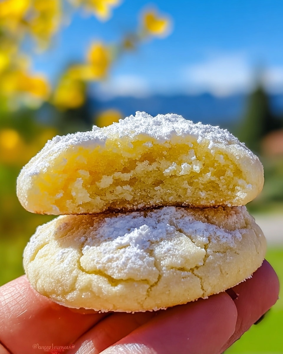 A close-up of two soft, yellow lemon cookies with a sugary white coating. The top cookie is broken in half, showing a crumbly, moist interior in a deeper yellow shade with some cracks and texture. The cookie below is whole, round with small cracks on the surface, and a thick layer of white sugar dust on top, making it look slightly rough. The cookies are held by a woman's hand against a blurred background of blue sky and green grass with yellow flowers, on a white marbled texture. photo taken with an iphone --ar 4:5 --v 7