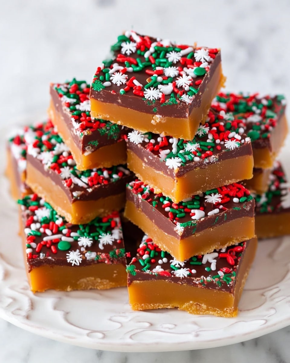 A stack of six square-shaped dessert bars is arranged on a white plate with a raised floral pattern. Each bar has two layers: the bottom layer is thick, golden brown, smooth, and slightly glossy with a firm texture, while the top layer is a thinner, dark chocolate coating with a matte finish. This chocolate layer is decorated with red, green, and white festive sprinkles, including small round shapes, long thin sprinkles, and white snowflake-shaped ones, all evenly spread across the surface. The bars are stacked unevenly, some slightly tilted. The plate sits on a white marbled surface. photo taken with an iphone --ar 4:5 --v 7