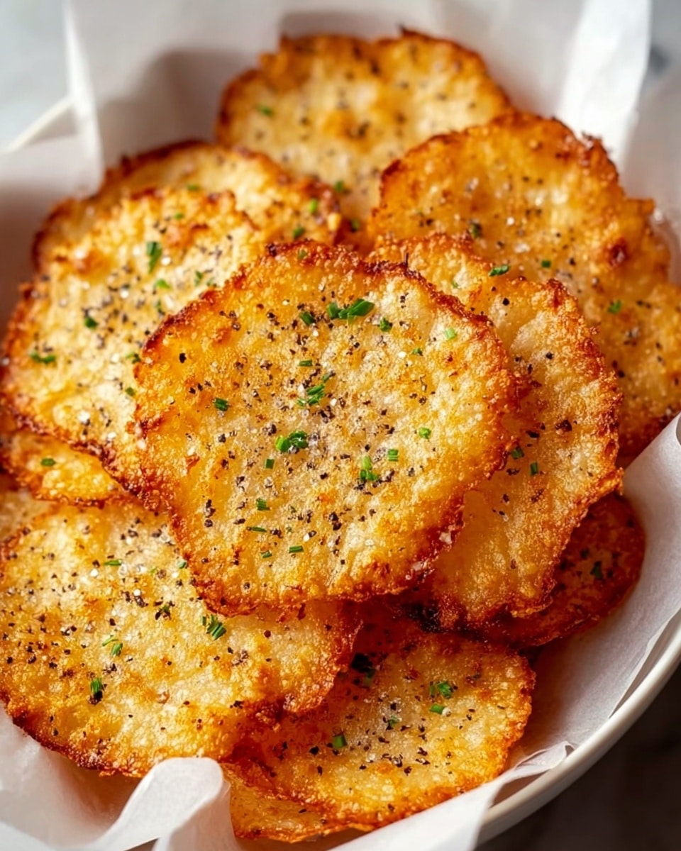 A close-up view of a pile of round, crispy cheese crisps stacked on white parchment paper inside a white bowl. Each crisp has a golden-brown color with slightly darker, crispy edges and a textured surface showing melted cheese and tiny holes. They are sprinkled with black pepper and small green herb pieces evenly spread across the top. The bowl rests on a white marbled surface. photo taken with an iphone --ar 4:5 --v 7