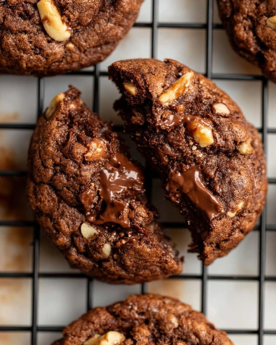 A close-up view of a broken chocolate cookie resting on a black wire cooling rack over a white marbled surface. The cookie has one layer, with a rough, chunky texture filled with melted chocolate chunks and pieces of light-colored nuts spread unevenly across the top. The cookie's rich brown color and soft, gooey center are visible where it is split open, showing the melted chocolate inside. The photo taken with an iphone --ar 4:5 --v 7