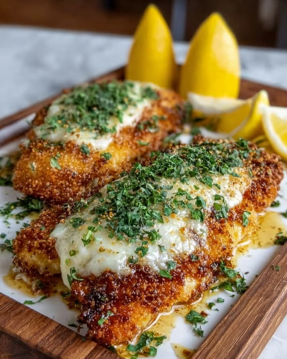 The image shows two thick pieces of crispy, golden-brown fish fillets topped with melted white cheese and sprinkled with fresh green herbs. The fish sits on a white rectangular dish on top of a wooden board. Behind the fish, there are two bright yellow lemon wedges placed upright. The fish has a crunchy textured crust with some oil glistening around it. The background is a white marbled surface. photo taken with an iphone --ar 4:5 --v 7