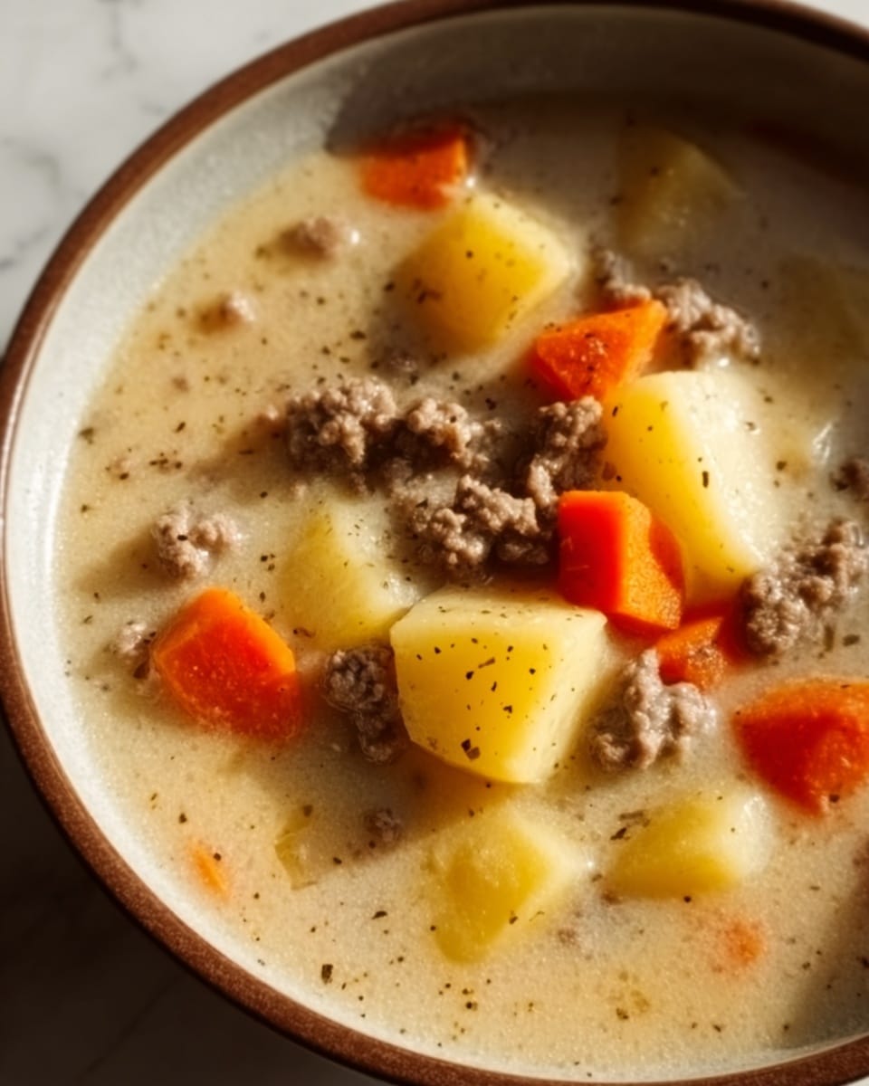 This is a close-up of a beef stew served in a white round bowl, showing three visible layers. The bottom layer is a creamy, light brown broth with small specks of black pepper. The middle layer contains chunky yellow potato pieces and bright orange carrot cubes, both slightly submerged in the broth. The top layer has small clumps of tender, cooked ground beef spread unevenly across the surface. The bowl is placed on a white marbled surface, and the lighting highlights the textures of the broth and vegetables, creating a warm, comforting feel. Photo taken with an iphone --ar 4:5 --v 7