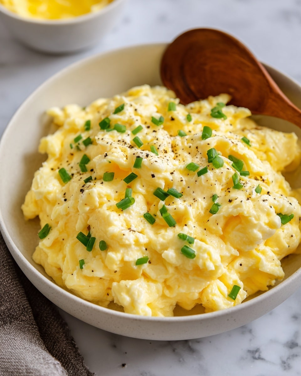 A close-up of a bowl filled with soft, creamy scrambled eggs that have a pale yellow color and fluffy texture, topped with small pieces of bright green chopped chives and a light sprinkling of black pepper. The eggs are piled high and look rich, with gentle folds and slight gloss from butter or cream. The bowl is white, round, and deep, resting on a white marbled surface, with a wooden spoon placed inside the bowl on the left side. Part of a white bowl with a yellow substance is visible in the soft-focused background. Photo taken with an iphone --ar 4:5 --v 7