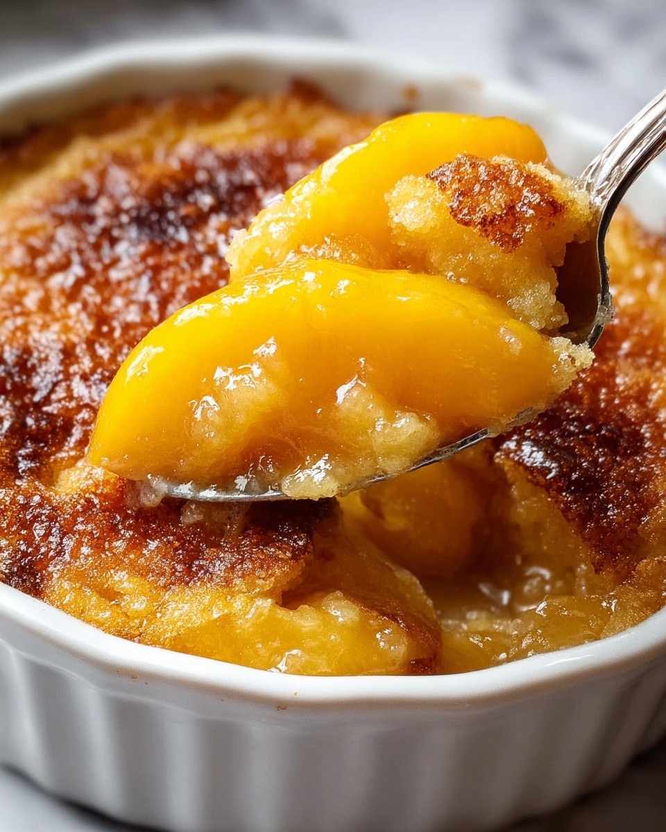 The image shows a close-up of a peach cobbler in a white ceramic dish. The cobbler has a golden-brown, crispy top layer with a slightly caramelized texture. Underneath, there are soft, juicy peach slices in a thick syrup that looks shiny and amber-colored. The spoon lifting part of the cobbler reveals the white cake-like layer mixed with syrup, with the peach slices resting on top, showing their bright orange-yellow color. The dish sits on a white marbled surface. Photo taken with an iphone --ar 4:5 --v 7