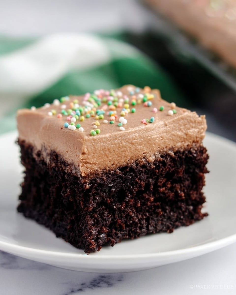 A square piece of cake with two layers sits on a white plate placed on a white marbled surface. The bottom layer is a dark brown, moist chocolate cake with a soft texture. The top layer is a thick, smooth light brown chocolate frosting with a creamy look, decorated with small colorful round sprinkles scattered on top. The edges show a clean cut between the layers, highlighting the contrast in color and texture. Photo taken with an iphone --ar 4:5 --v 7