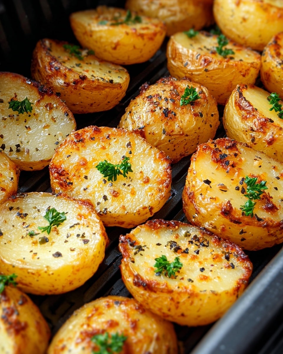 The image shows several rows of golden roasted potato halves arranged closely together in a black tray. Each potato half has a crispy, browned outer layer with some darker charred spots and a soft, light yellow inside. The potatoes are seasoned with black pepper and scattered small green parsley leaves on top, adding a fresh color contrast. The tray’s ridged surface is visible between the potatoes, highlighting their texture and roasting marks. The background is a white marbled texture. photo taken with an iphone --ar 4:5 --v 7