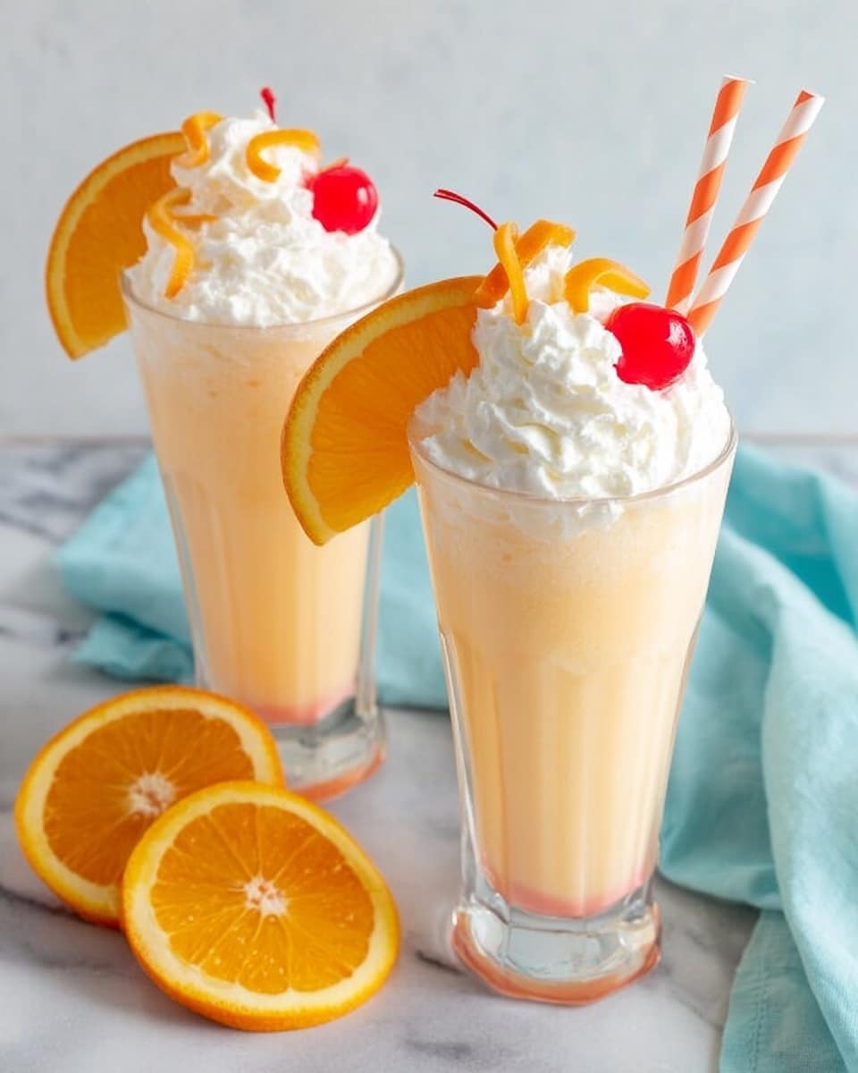 Two tall clear glasses filled with a creamy, light orange drink with a soft texture, topped with a thick layer of white whipped cream that overflows slightly down the sides. On top of the cream, each glass has a bright red cherry and a twisted orange peel garnish next to a half slice of orange resting on the rim. One glass features an orange and white striped straw inserted into the whipped cream. At the base, there are two fresh orange slices placed on a white marbled surface, with a soft blue cloth on the right side. Photo taken with an iphone --ar 4:5 --v 7
