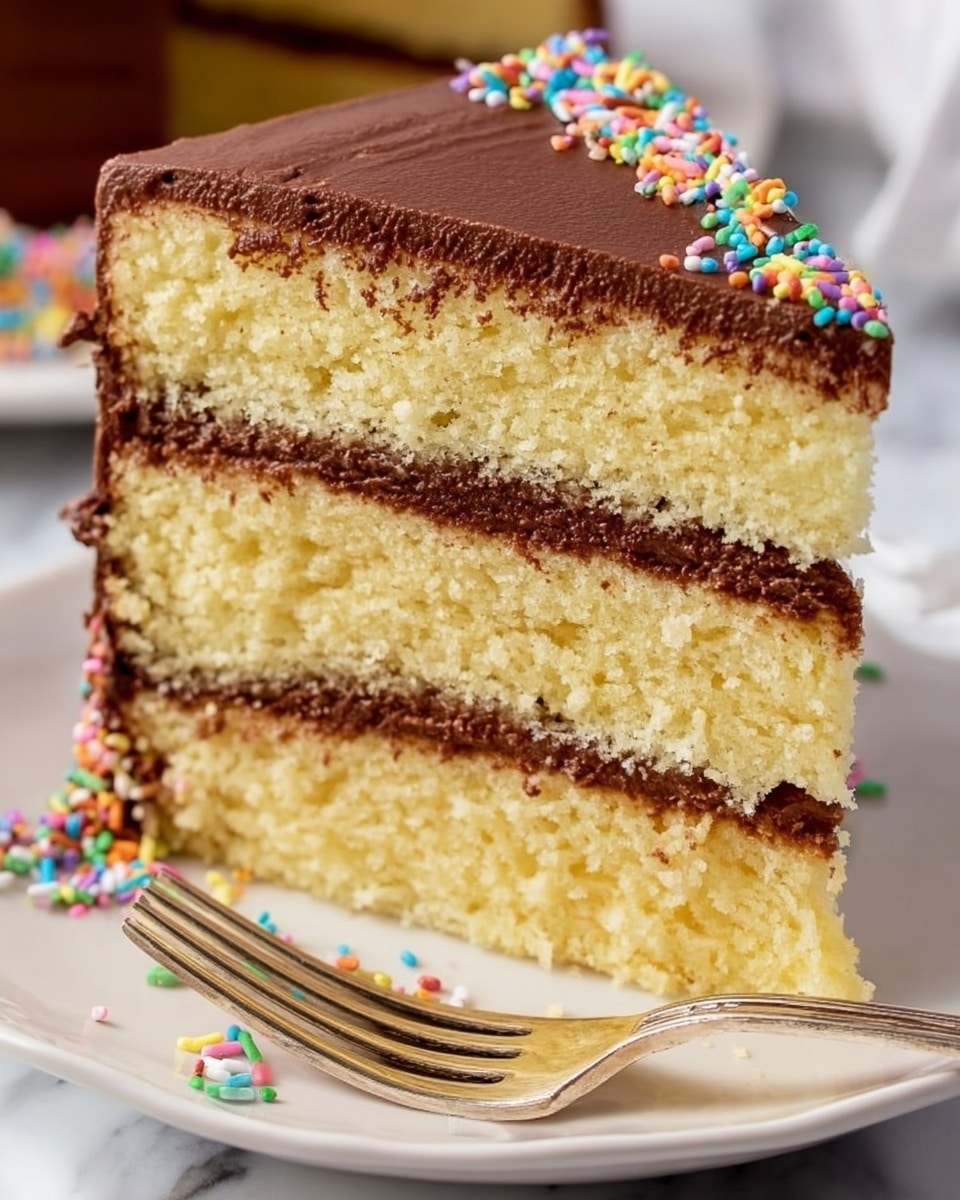 A close-up view of a tall slice of layered cake placed on a white plate with a silver fork beside it. The cake has three layers of light yellow sponge, each separated by rich dark chocolate frosting. The top layer is thickly coated with smooth chocolate frosting, and the cake edges show a soft texture with tiny colorful sprinkles scattered on top edges. The background is a white marble surface with soft focus, highlighting the cake slice's moist and fluffy texture. Photo taken with an iphone --ar 4:5 --v 7