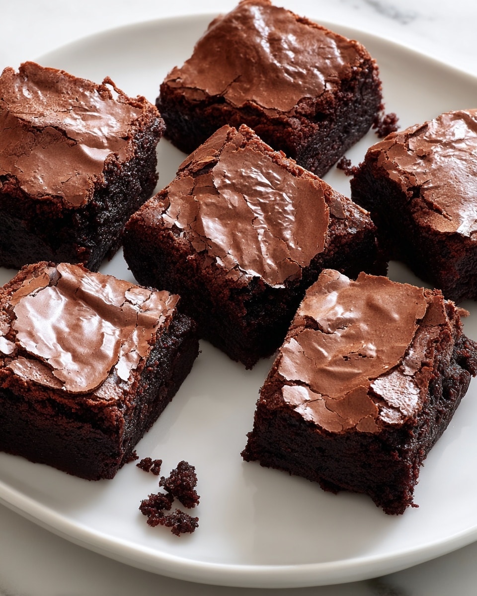 Seven thick, square-shaped brownies are placed irregularly on a white plate, each with a cracked, shiny dark brown top layer showing a soft, moist texture inside. The brownies have a dense, rich chocolate appearance with a slight crumb on the edges, and there are small crumbs scattered around them on the plate. The plate rests on a white marbled surface. photo taken with an iphone --ar 4:5 --v 7
