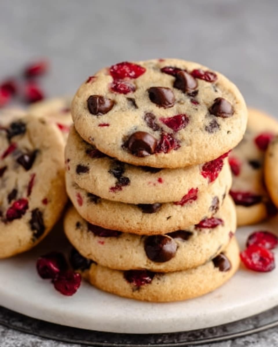 A stack of round cookies with a golden-brown color is shown, each cookie packed with dark brown chocolate chips and bright red dried cranberries scattered on top and inside. The cookies have a slightly cracked surface, revealing a soft and chewy texture. They are piled in a casual way on a simple white plate, placed on a white marbled surface. The image looks warm and inviting, showing the rich mix of colors and textures in the cookies. photo taken with an iphone --ar 4:5 --v 7