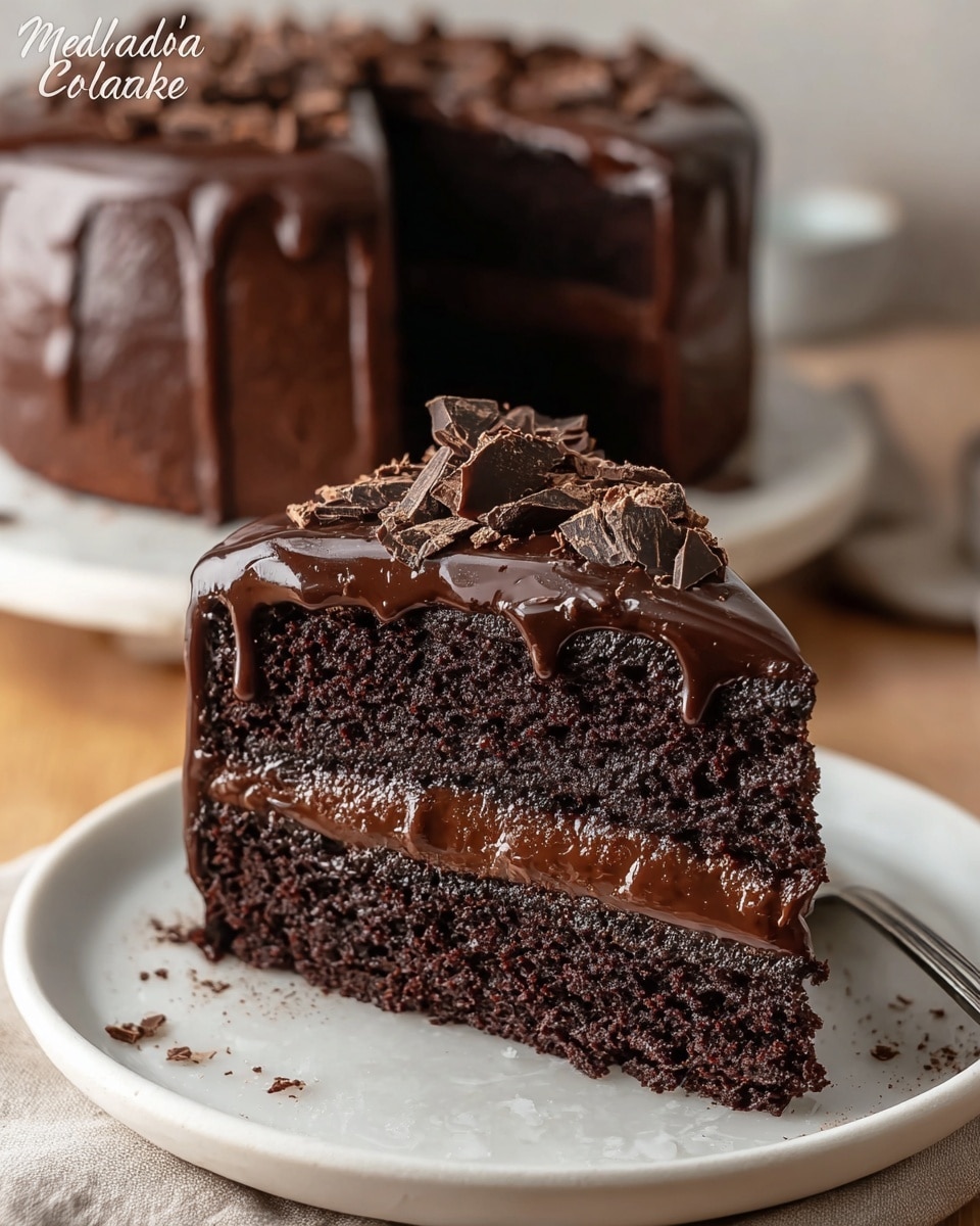 A close-up of a rich, two-layer chocolate cake slice on a white plate with parchment paper, showing a moist, dark brown cake with a thick, glossy chocolate frosting dripping down its sides and a chocolate filling between the two cake layers; on top, there are chunky chocolate shavings. In the background, the rest of the whole cake sits on a white plate, with more dripping chocolate frosting visible. The setting features a white marbled texture surface. Photo taken with an iphone --ar 4:5 --v 7