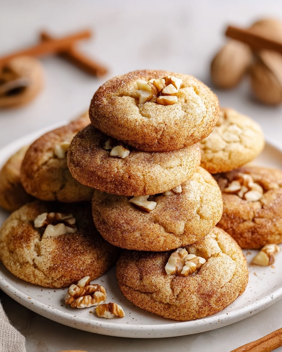 A white plate holds a stack of round cookies, each cookie is golden brown with a cracked surface and topped with small walnut pieces scattered unevenly on top. The cookies have a slightly rough texture with a dusting of cinnamon sugar that gives them a warm, speckled look. The plate rests on a white marbled surface, with a couple of cinnamon sticks and walnut halves blurred gently in the background, adding a cozy fall feel to the image. photo taken with an iphone --ar 4:5 --v 7