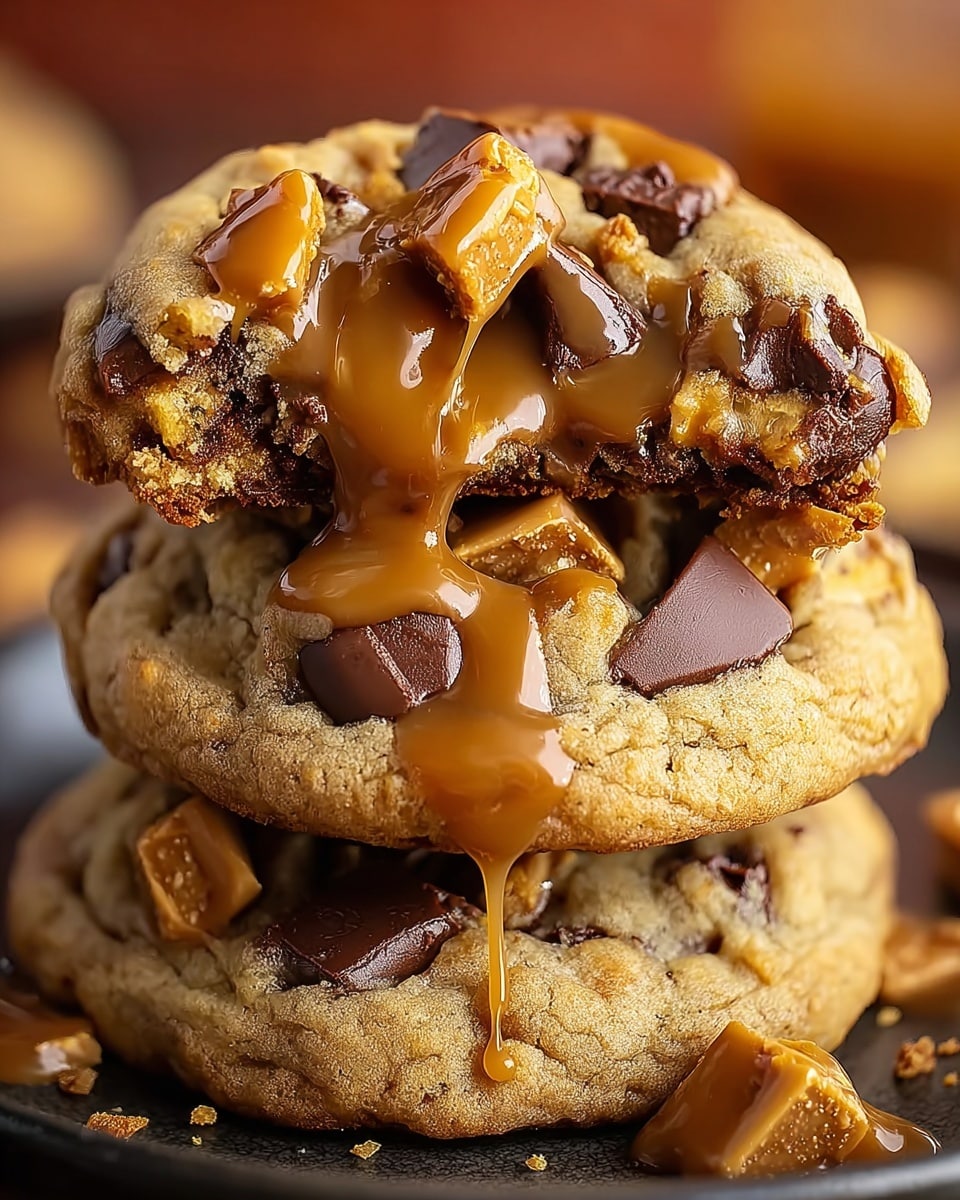 A close-up view of a stack of three thick, soft cookies with a golden brown color. Each cookie has large dark chocolate chunks embedded on the surface and is topped with small pieces of caramel-colored toffee. The top cookie is broken in half, showing a gooey caramel center that drips down onto the cookie below. Rich caramel sauce is drizzled over the top cookie and drips down the sides, adding a shiny texture. The cookies rest on a dark plate with a blurred warm background. photo taken with an iphone --ar 4:5 --v 7
