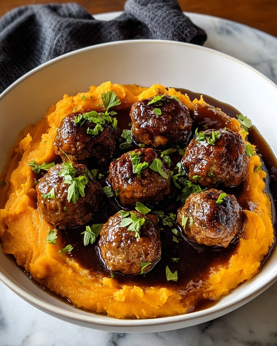 A white bowl holds a dish with two main layers: the bottom layer is a bright orange, smooth mashed vegetable, likely sweet potato, spread thick and slightly uneven in texture. On top are seven round, browned meatballs coated with a glossy dark brown sauce that pools around the base of the mash. Scattered fresh green herbs garnish the meatballs, adding a touch of fresh color contrast. The dish is set against a white marbled surface with part of a dark cloth visible nearby. photo taken with an iphone --ar 4:5 --v 7