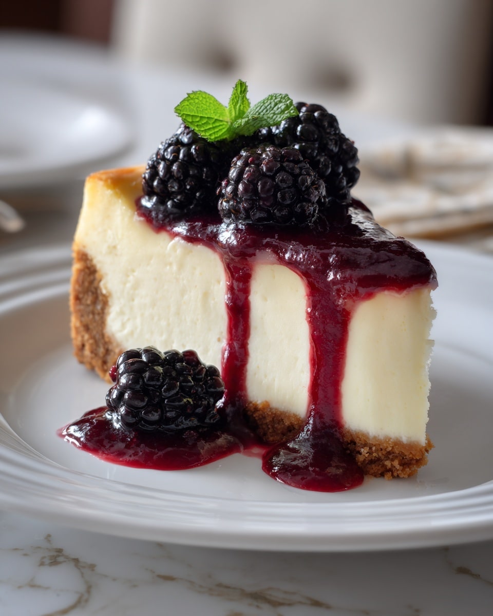 A slice of cheesecake is shown on a white plate, with three distinct layers: the bottom layer is a light brown crumbly crust, the middle layer is thick and creamy white cheesecake, and the top layer is a glossy deep red berry sauce that drips over the sides. On top of the sauce are several fresh blackberries clustered together, with a small sprig of green mint placed in the center. One blackberry sits at the base of the slice on the plate, surrounded by some of the red sauce. The background is softly blurred with a white marbled surface barely visible. photo taken with an iphone --ar 4:5 --v 7