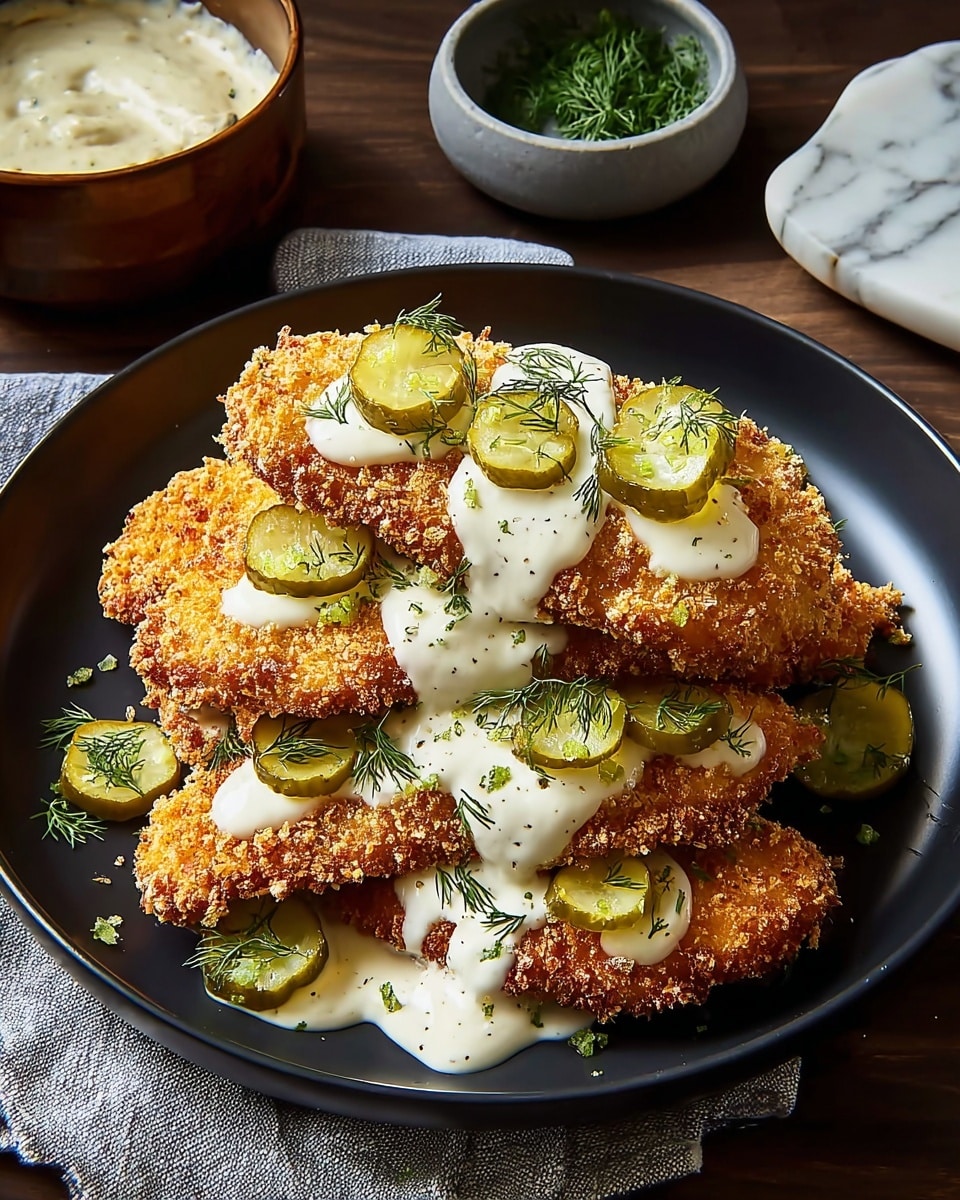 A black round plate holds five pieces of golden brown, crispy breaded chicken cutlets arranged in a stacked, slightly overlapping manner. Each cutlet is topped with a creamy white sauce drizzled generously across the centers, with scattered small dill leaves adding green flecks. Thinly sliced bright green pickles rest atop the sauce, distributed evenly on each piece. The plate sits on a light gray cloth on a dark wooden table, with a brown bowl of creamy sauce and a small gray bowl of fresh dill nearby. The background features a white marbled texture. photo taken with an iphone --ar 4:5 --v 7