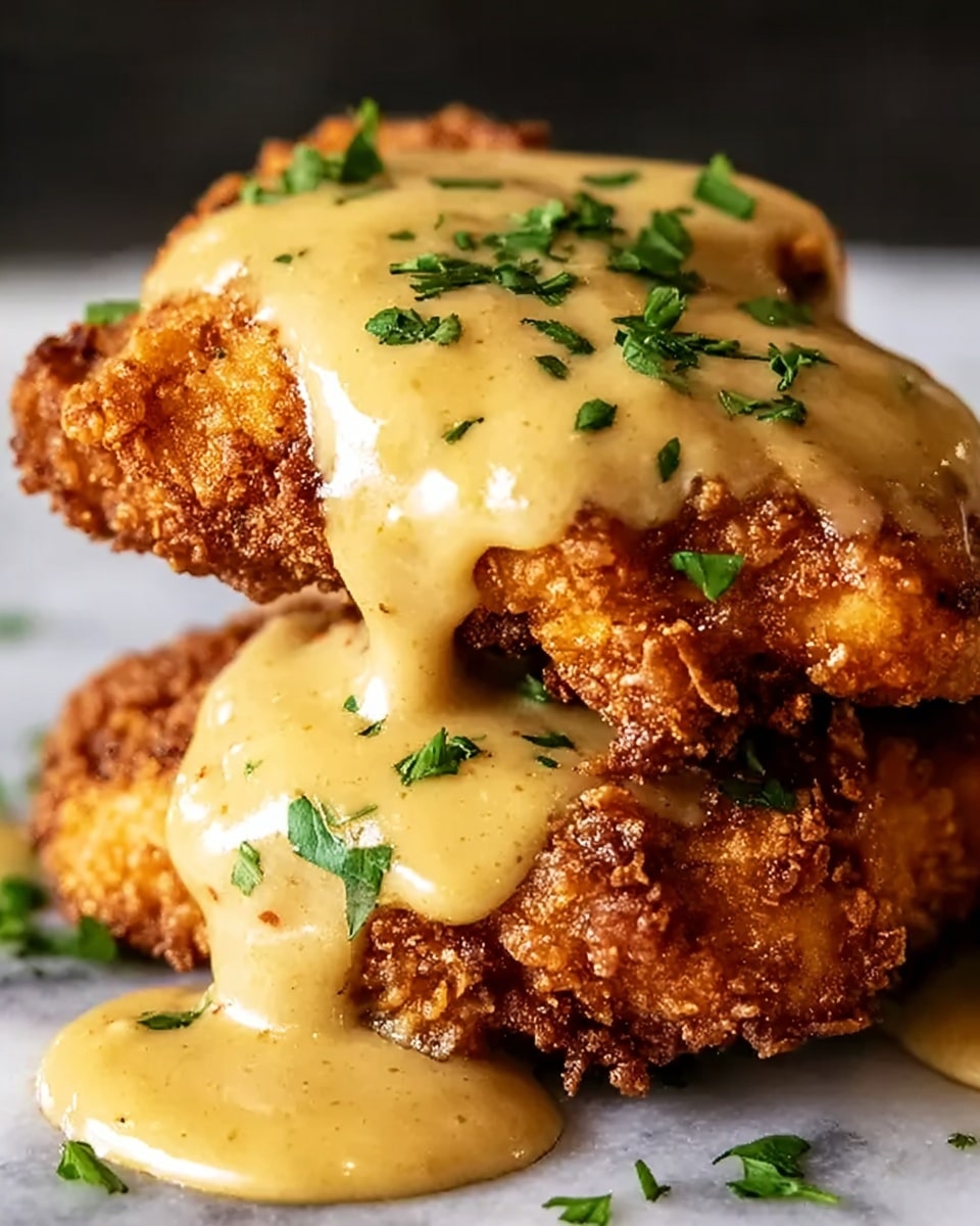 A close-up image shows two pieces of fried chicken stacked on top of each other. The crispy chicken has a golden-brown color with a crunchy texture. A smooth, creamy, light yellow gravy sauce generously covers the top piece of chicken and drips down the sides, pooling around the base. Small green parsley leaves are sprinkled on the gravy, adding a touch of color. The food is set against a white marbled texture background. photo taken with an iphone --ar 4:5 --v 7