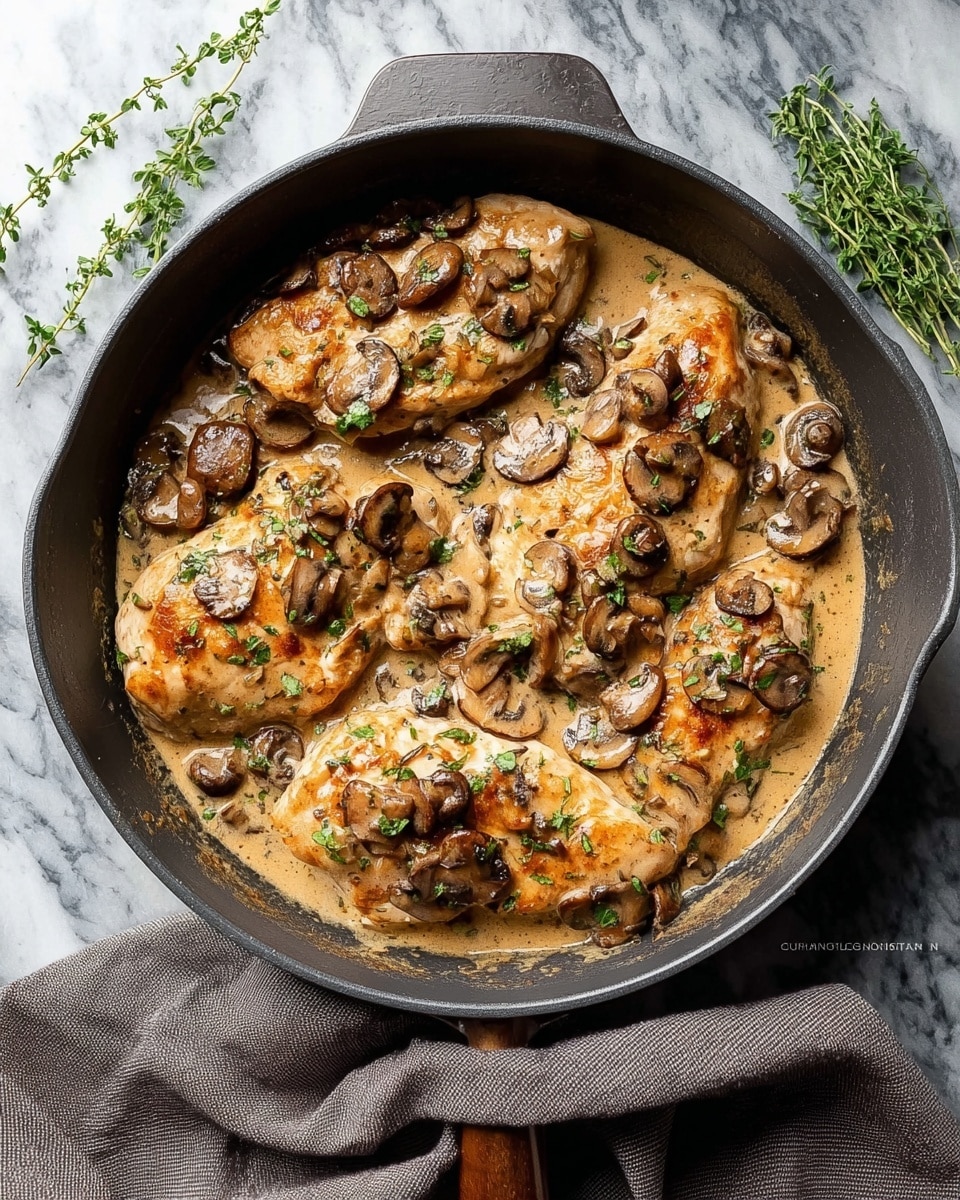 A black pan filled with five cooked chicken breasts covered in a light brown creamy sauce with many sliced, cooked brown mushrooms scattered on top and around the chicken. Small pieces of green herbs are sprinkled over the dish, adding fresh color contrast. The pan sits on a white marbled surface with a gray cloth underneath, and fresh herb sprigs rest nearby. Photo taken with an iphone --ar 4:5 --v 7