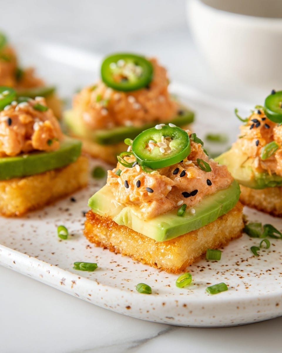 The dish shows small square-shaped crispy golden brown rice cakes as the base layer, topped with thin, green slices of avocado arranged neatly. Above the avocado is a creamy, light orange spicy salmon mixture with a slightly chunky texture. Each serving is garnished with a thin, round slice of fresh bright green jalapeño pepper on top, sprinkled with black and white sesame seeds and tiny green chive pieces. The food is placed on a white plate with small brown speckles, set on a white marbled surface. Photo taken with an iphone --ar 4:5 --v 7