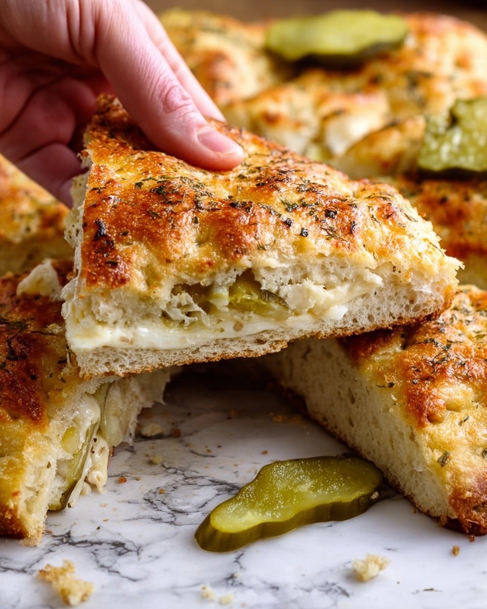 A close-up of a thick slice of focaccia bread sandwich being lifted by a woman's hand, showing a golden-brown, textured top sprinkled with herbs and a slight crisp. Underneath the top layer, there is a melted cheese layer with hints of light cream color and a few slices of greenish pickles peeking out. The sandwich is part of a larger focaccia round, with several other slices in the background on a white marbled surface, scattered with bits of bread and more pickle slices visible. Photo taken with an iphone --ar 4:5 --v 7