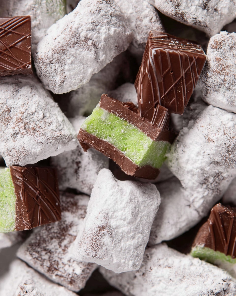 The image shows a close-up of many small snack pieces covered in a thick white powdered sugar layer. Among these pieces are chocolate squares with a shiny, smooth surface and linear patterns, and some have a middle layer of bright green and brown with a matte texture. The powdered sugar pieces have a rough and uneven texture, contrasting with the smooth chocolate pieces. Everything is placed closely together, filling the frame, with a white marbled background barely visible. photo taken with an iphone --ar 4:5 --v 7