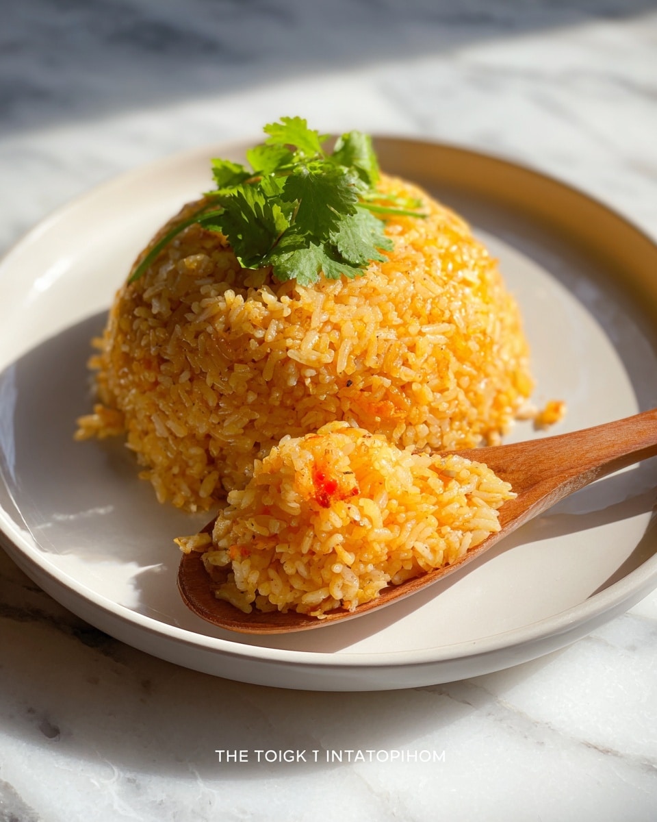 A single dome-shaped serving of light orange fried rice is placed on a white plate with a wooden spoon. The rice is slightly oily with visible grains and small bits of what looks like onion or garlic mixed in. On top of the rice dome, there is a small bunch of fresh green cilantro leaves adding a pop of color. The wooden spoon holds a scoop of the rice in front of the dome, showing the texture of the cooked rice grains. The plate sits on a white marbled surface with soft sunlight casting gentle shadows. Photo taken with an iphone --ar 4:5 --v 7