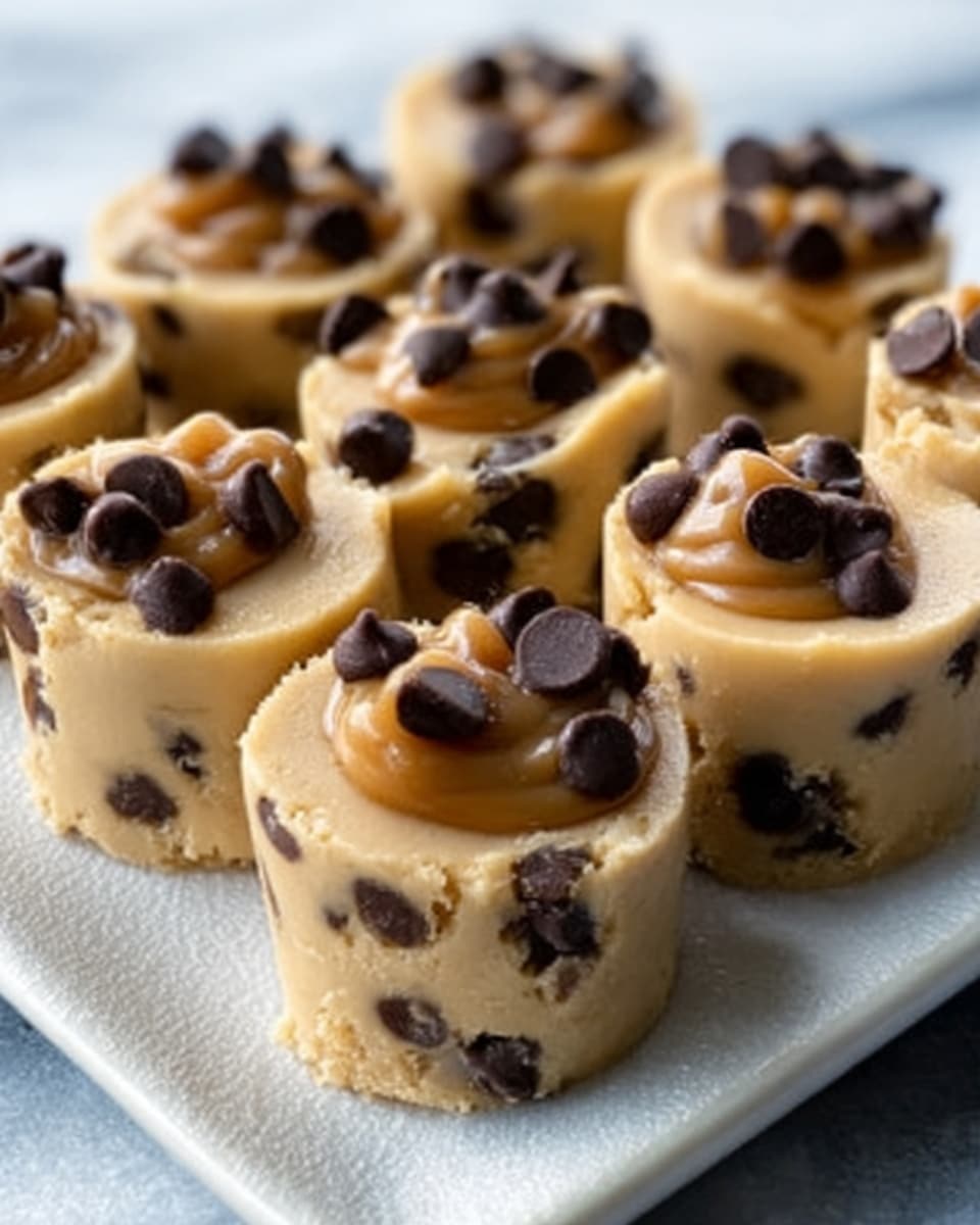 The image shows nine round, creamy beige fudge pieces arranged neatly on a white plate that has a soft shine. Each piece has multiple dark brown chocolate chips sprinkled inside and on top, giving a rich contrast to the light fudge color. On top of each fudge piece, there is a swirl of caramel-colored drizzle that adds texture and depth, slightly glossy and thick. The plate is set on a white marbled surface that reflects soft natural light, highlighting the smooth and rich look of the fudge. The photo taken with an iphone --ar 4:5 --v 7