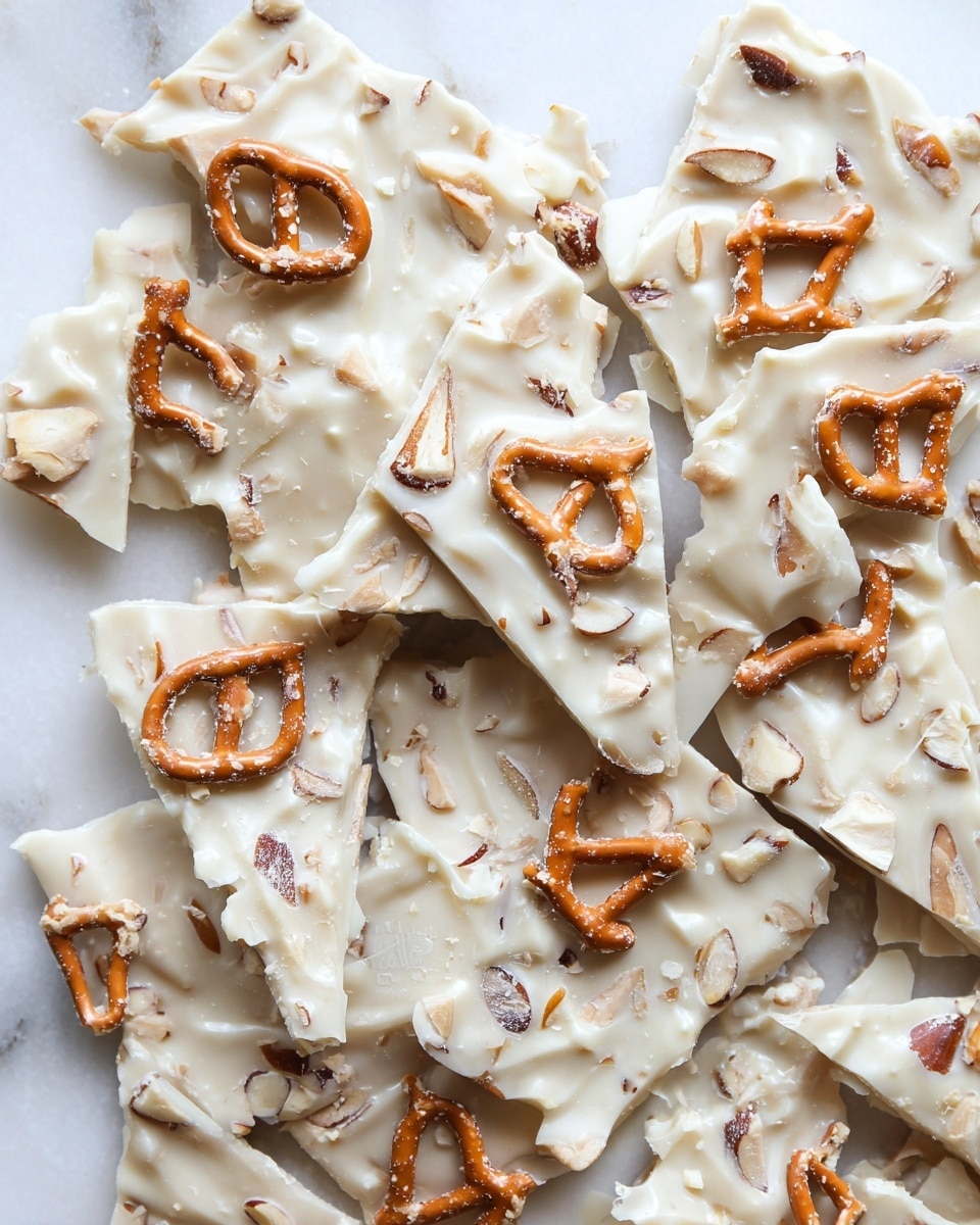 The image shows several pieces of white chocolate bark broken into uneven square and triangular shapes, laid out on a white marbled surface. Each piece has a creamy off-white layer of smooth white chocolate with visible chunks of light brown pretzel sticks and some nut pieces embedded unevenly across the surface, giving the bark a textured look with crunchy bits sticking out. The pretzel pieces are scattered on top and inside, adding a mix of shiny and matte brown colors contrasting with the creamy white chocolate. Photo taken with an iphone --ar 4:5 --v 7