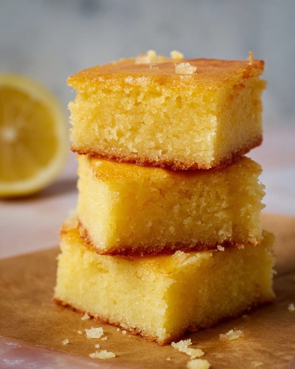 The image shows a stack of three square lemon cake pieces, each with a light yellow crumb and a slightly shiny, thin glaze on top, giving a moist texture. The cake layers look soft and crumbly with tiny air pockets visible, and the glaze adds a touch of glossiness, especially on the upper edges. The stack is placed on a piece of brown parchment paper on a white marbled surface. A sliced lemon half blurred in the background adds a fresh, citrus hint to the scene. photo taken with an iphone --ar 4:5 --v 7