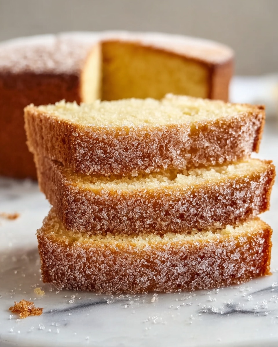 Three slices of golden brown pound cake are stacked on a white marbled surface. The pound cake has a slightly rough texture on the crust, coated with a layer of granulated sugar that sparkles under the light. The inside of the cake looks moist and soft with a pale yellow color and a crumbly texture. The slices are positioned so that each layer leans slightly, showing the thickness and texture of the cake. In the background, a blurred whole pound cake is visible. Photo taken with an iphone --ar 4:5 --v 7