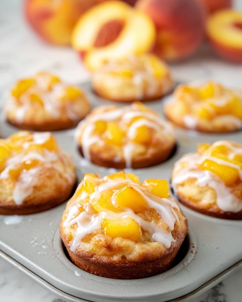 The image shows a close-up of peach pastries sitting in a gray baking tray with six cups. Each pastry has two layers: the bottom layer is a golden-brown baked dough with a slightly rough surface, and the top layer is a glossy, yellow peach topping with chunks of fruit covered lightly in a shiny glaze. There are thin white icing drizzles over the peach topping, adding contrast and texture. In the blurred background, there are whole peaches and white flowers resting on a white marbled surface. photo taken with an iphone --ar 4:5 --v 7
