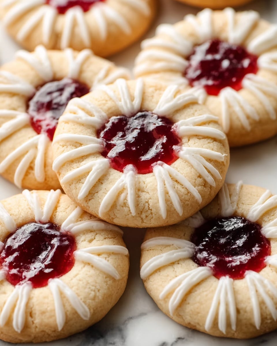 The image shows several round cookies with a golden-brown color, each having a bright red jam center. Around the jam, there is a white icing drizzle arranged in neat, curved lines that create a star-like pattern on top. The cookies are placed close together on a white marbled surface, and the texture of the cookies looks soft but slightly crumbly. The icing looks smooth and glossy, adding contrast to the matte cookie dough photo taken with an iphone --ar 4:5 --v 7