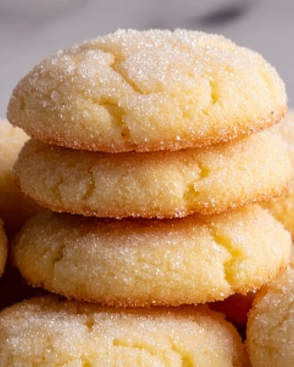 A close-up view of a stack of soft, round cookies with a slightly cracked top texture, coated lightly with granulated sugar. The cookies have a pale golden-yellow color, appearing soft and chewy, and are piled closely together on a white marbled surface. The light sugar crystals catch the light, giving them a gentle sparkle. photo taken with an iphone --ar 4:5 --v 7