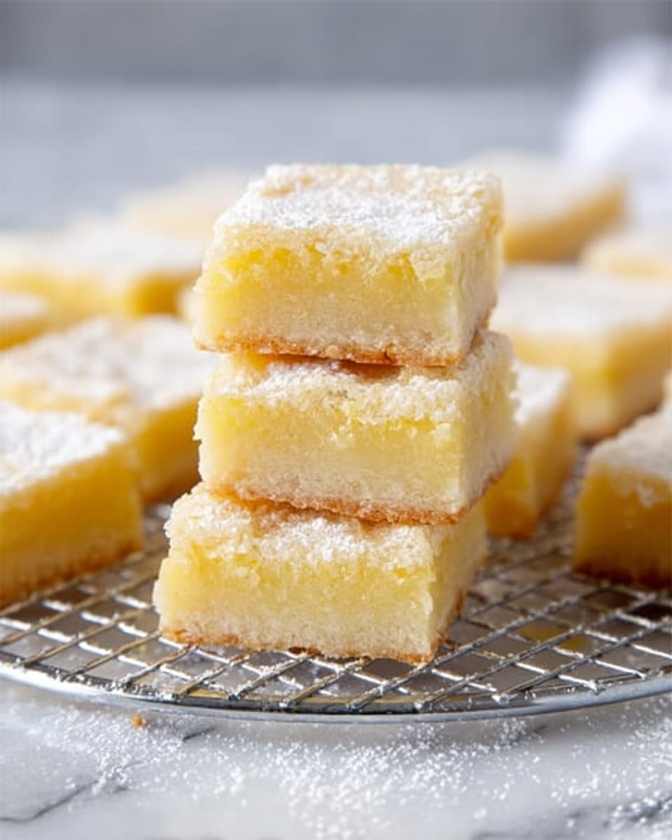 The image shows a stack of three lemon bars in the center, each bar having two layers: a pale yellow soft, moist lemon topping on the top, and a light golden crumbly crust at the bottom. Around this stack, several more lemon bars are placed on a round metal cooling rack, showing their similar two-layer structure. The lemon topping layer appears slightly glossy with a dusting of white powdered sugar on top. The bars have slightly uneven edges giving a homemade feel, all set on a white marbled surface. Photo taken with an iphone --ar 4:5 --v 7