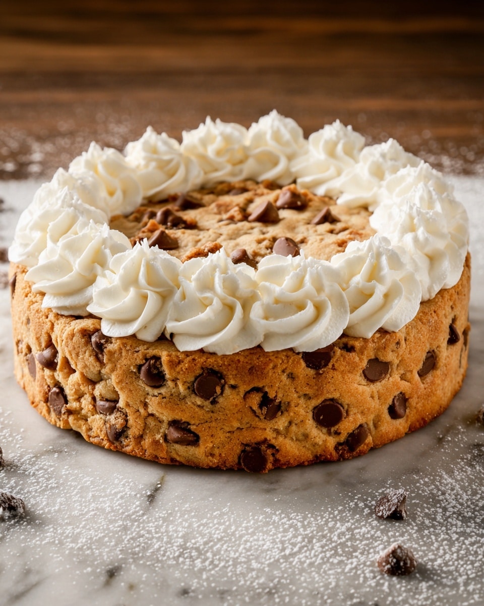 A round cake with a thick outer layer made of chunky chocolate chip cookie dough, textured and uneven with visible chocolate chips all over the sides. The top layer is covered with smooth, thick cream swirled into uniform rosettes that neatly cover the entire surface. The cake sits on a white marbled texture dusted lightly with powdered sugar, creating a warm and cozy look. photo taken with an iphone --ar 4:5 --v 7