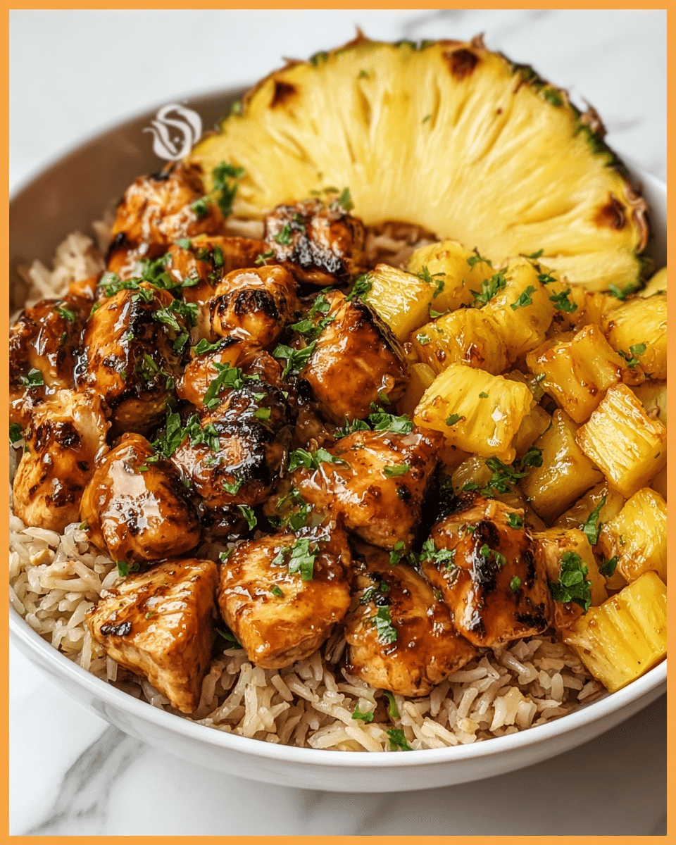 A white bowl filled with a base layer of cooked brown rice showing individual grains with a slightly glossy texture, topped with chunks of grilled chicken glazed with a shiny reddish-brown sauce, mixed with bright yellow pineapple pieces that have a tender, juicy look. Fresh chopped green herbs are scattered on top, adding a pop of color. A slice of pineapple with its green leaves is placed at the back edge of the bowl. The photo has a close-up view with a white marbled textured surface in the background. photo taken with an iphone --ar 4:5 --v 7