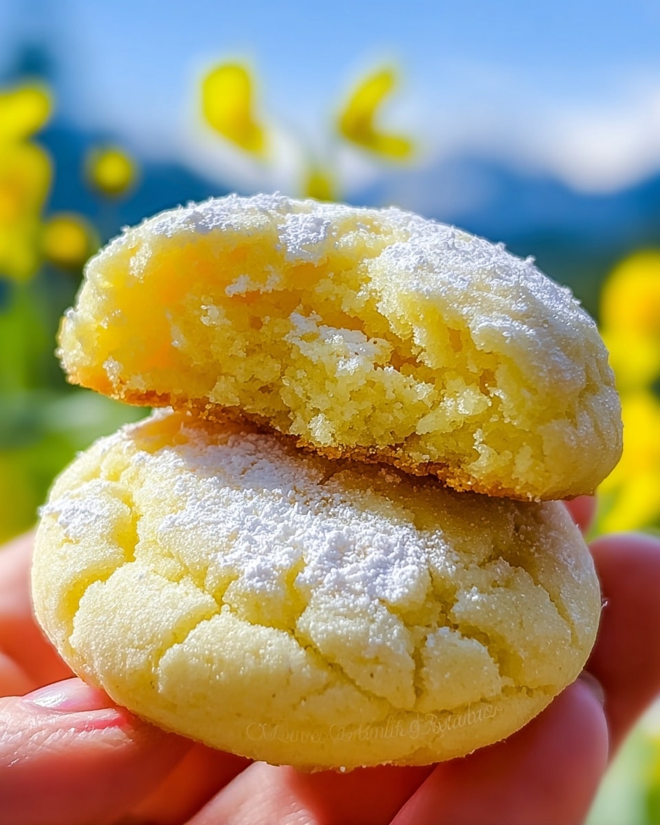 A close-up of two soft, round cookies held between the fingers of a woman's hand with a white marbled background blurred out in the distance. The bottom cookie is whole, showing a pale yellow, slightly cracked surface coated in a fine layer of white powdered sugar. The top cookie is broken in half and rests on the bottom one, revealing a soft, crumbly, pale yellow interior with a slightly browned bottom edge and powdered sugar dusted on top, giving a light, powdery texture. The cookies have a delicate, airy look with a rough texture on the inside and a smoother outer layer. Photo taken with an iphone --ar 4:5 --v 7