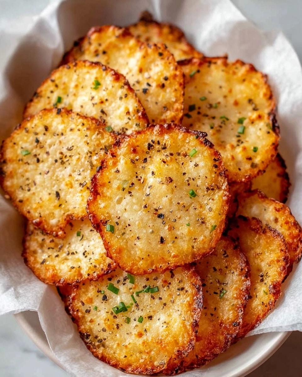 A close-up view of a white bowl filled with a stack of crispy, golden-brown cheese crisps. Each crisp is round with slightly uneven edges, showing a bubbly and crunchy texture with darker toasted spots. The tops of the crisps are sprinkled with small green herb bits and black pepper flakes, adding specks of color and texture contrast. The bowl sits on a white marbled surface, and the cheese crisps are arranged in layers, overlapping slightly, creating a warm and appetizing look. Photo taken with an iphone --ar 4:5 --v 7