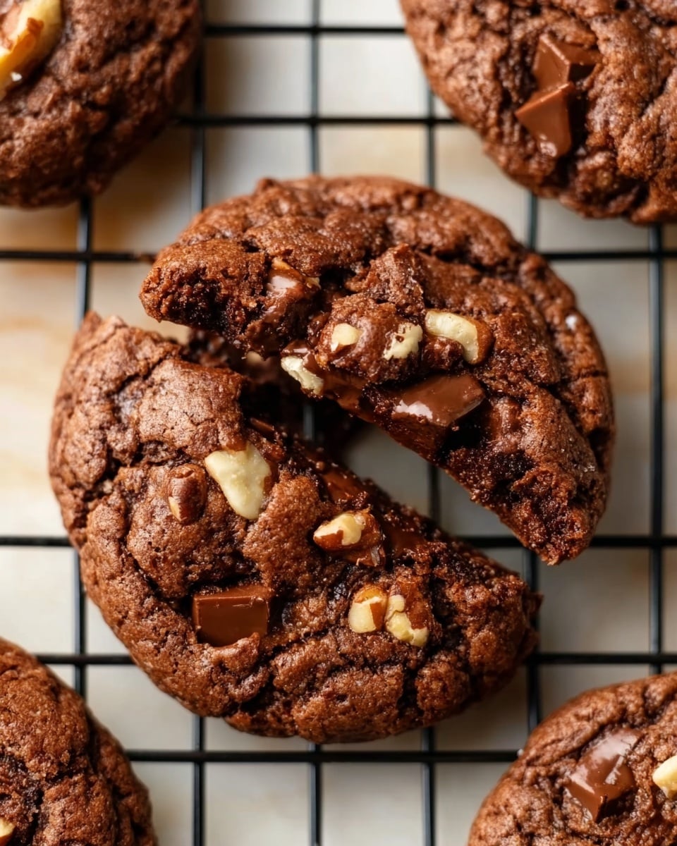A close-up of a dark brown chocolate cookie with a cracked top opened in the middle, showing melted chocolate inside. The cookie has visible pieces of light brown nuts scattered on the surface. The cookie lies on a black wire rack with edges of other cookies visible around it. The background is a white marbled texture. Photo taken with an iphone --ar 4:5 --v 7