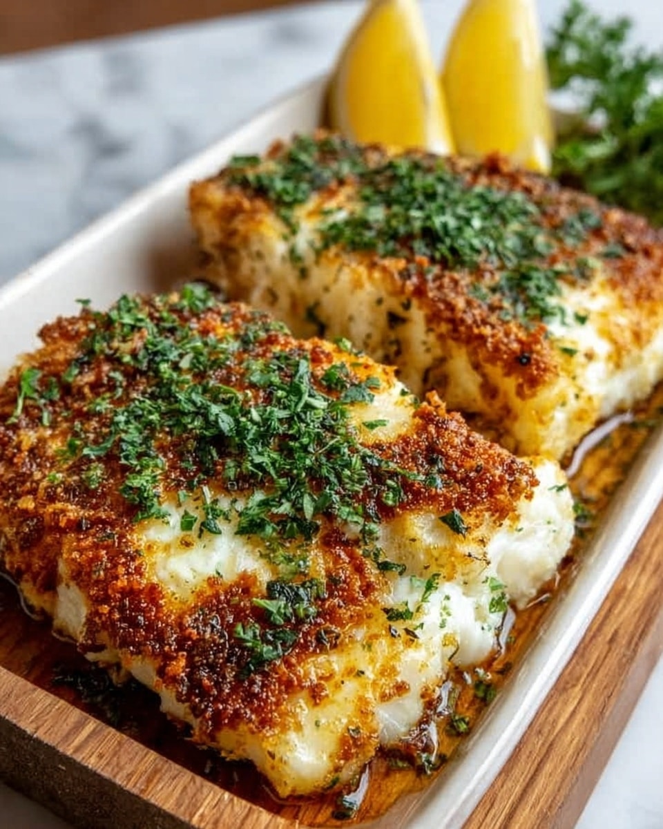 Two golden brown, crispy fried fish fillets with a crunchy texture are placed side by side on a dark wooden board. Each fillet is topped with fresh green chopped parsley and a light drizzle of white sauce, adding a creamy look. Behind the fish, there are two thick lemon wedges with a bright yellow color. The wooden board rests on a white marbled surface. photo taken with an iphone --ar 4:5 --v 7