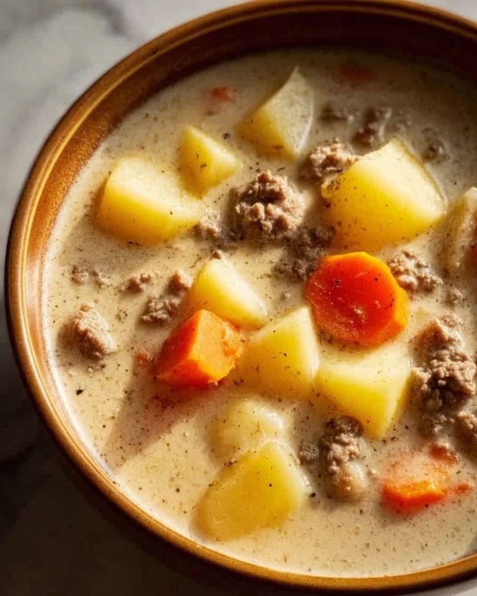 A close-up image of a deep white bowl filled with a creamy soup. The soup has chunks of light yellow potatoes, small orange carrot cubes, and bits of minced greyish-brown meat floating in the light beige broth. There is a slight sprinkle of black pepper on top. The bowl is placed on a white marbled surface. photo taken with an iphone --ar 4:5 --v 7