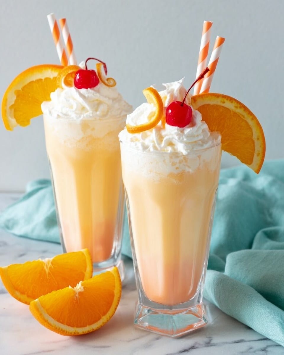 The image shows two tall clear glasses filled with a light pink creamy drink. Each glass has three main layers: a thin bottom layer of pale pink, a larger middle layer of a more intense pink color, and a thick top layer of fluffy white whipped cream. On top of the whipped cream, a bright red cherry and a thin orange peel curl sit next to a thick orange slice that leans against the rim. Each drink has a white and orange striped paper straw inserted on the right side. In front of the closest glass, two orange wedges are placed on a white marbled surface. A teal cloth lies to the right of the glasses. photo taken with an iphone --ar 4:5 --v 7