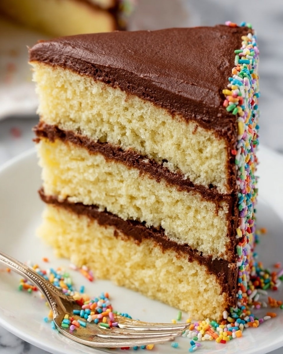 The image shows a close-up of a three-layer vanilla cake slice on a white plate, each layer separated by a thin layer of smooth chocolate frosting. The top of the cake is covered with a thick, even layer of chocolate frosting. The vanilla cake layers look soft and moist, with a light yellow color and slight crumb texture. Colorful small sprinkles decorate the edge of the top layer lightly. A silver fork rests on the plate beside the cake with colorful sprinkles scattered on the white marbled surface underneath. Photo taken with an iphone --ar 4:5 --v 7