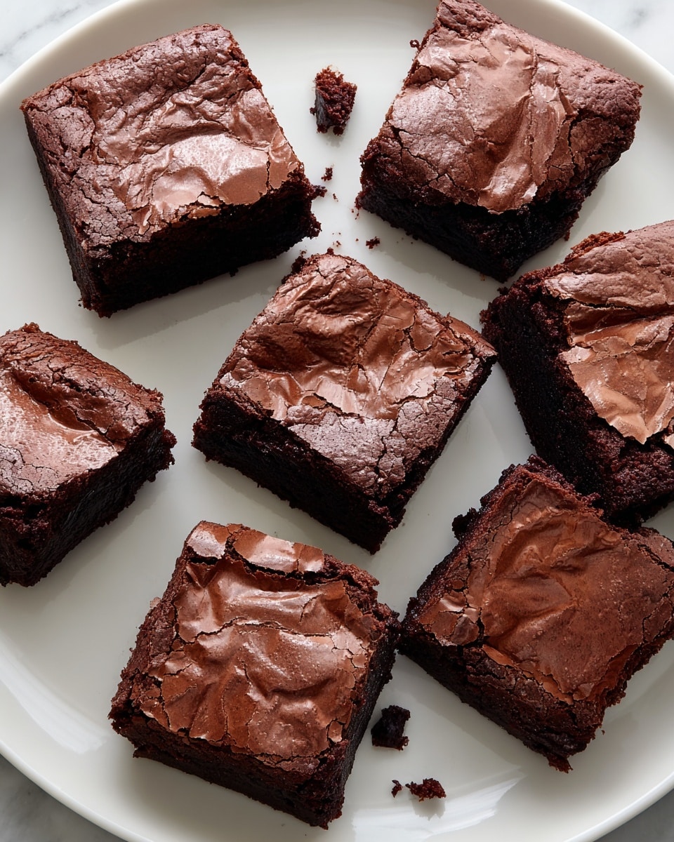 Seven square brownies with a cracked, shiny dark brown top layer sit scattered on a clean white plate. Each brownie is thick with a dense, moist-looking dark chocolate base beneath the glossy, slightly crispy surface. Small crumbs lie around the brownies on the plate, which rests on a white marbled texture. photo taken with an iphone --ar 4:5 --v 7